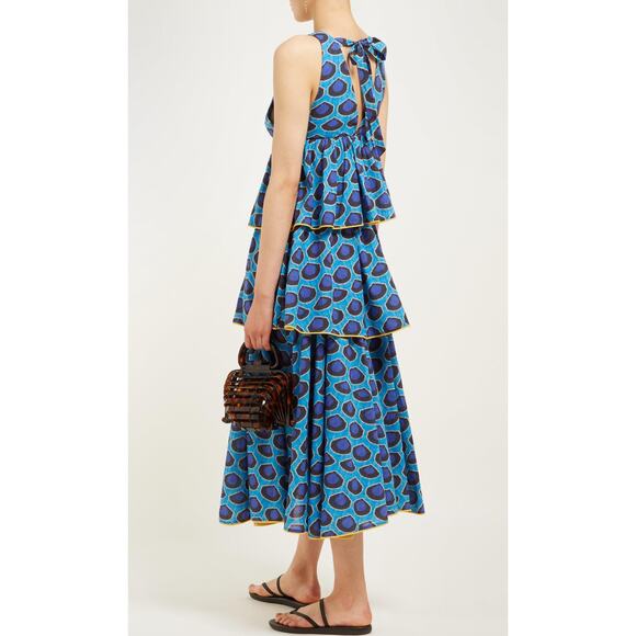 Rhode Leela Tiered Abstract Print Cotton Midi Dress in Blue Ikat Size Medium - Picture 5 of 10
